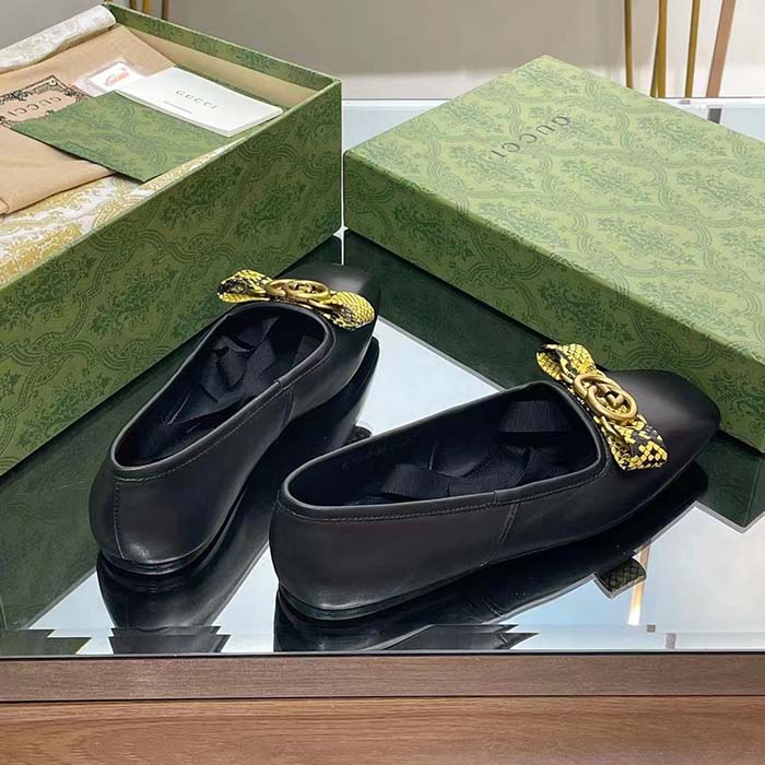 Gucci Women GG Interlocking G Ballet Flat Black Leather Python Print Leather Bow