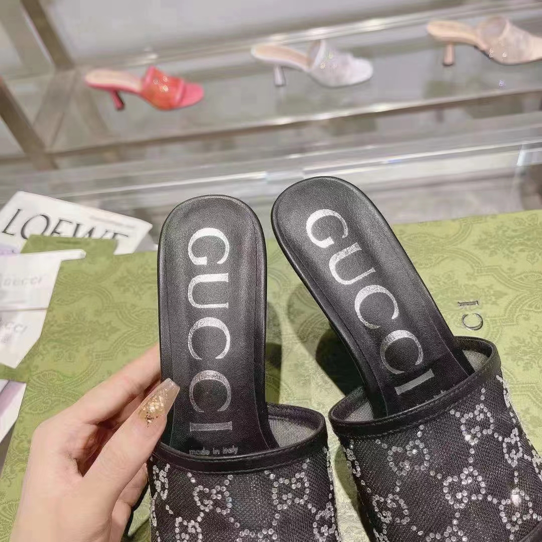 Gucci Women GG Mid Heel Slide Sandal Black GG Crystal Mesh 7.6 CM Heel