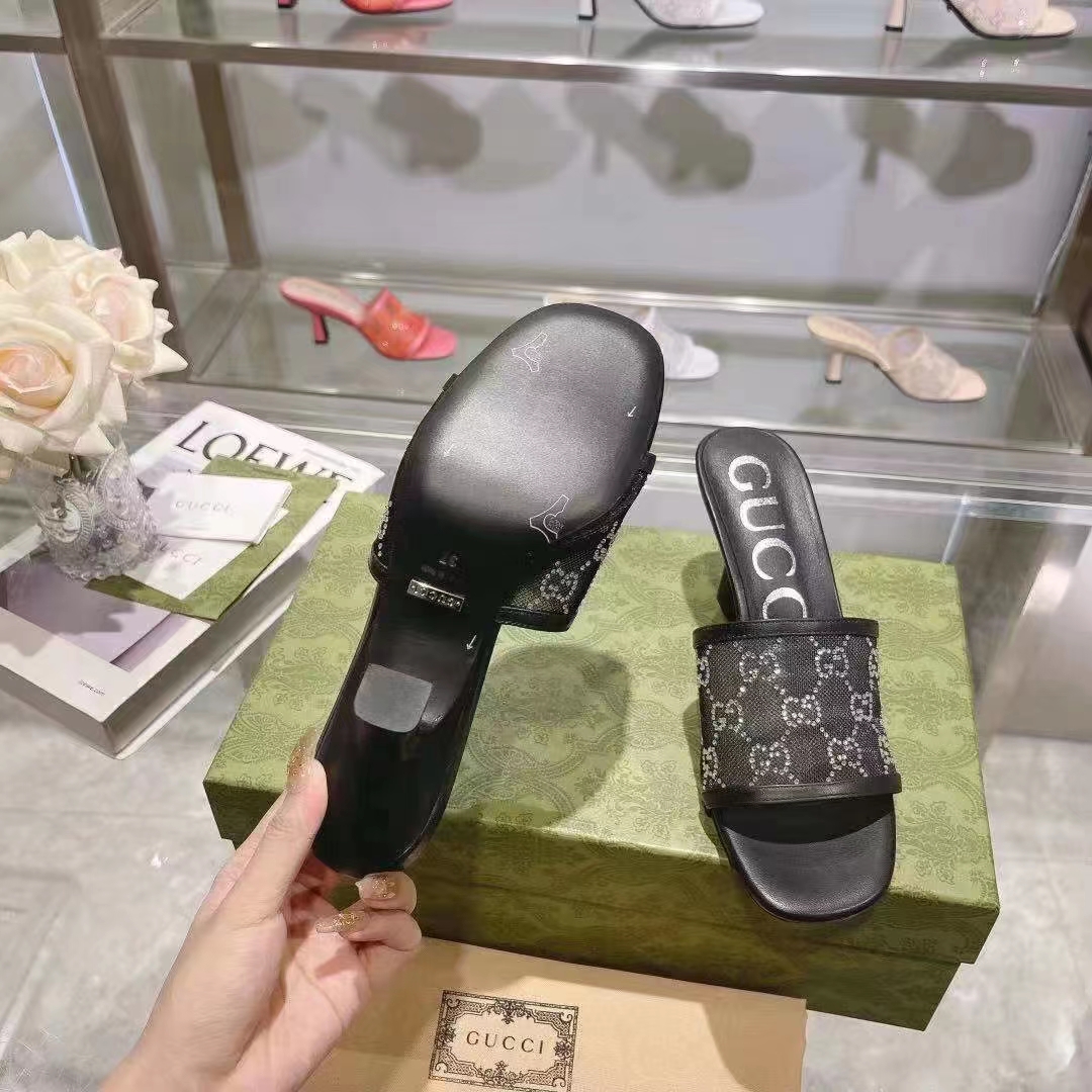 Gucci Women GG Mid Heel Slide Sandal Black GG Crystal Mesh 7.6 CM Heel