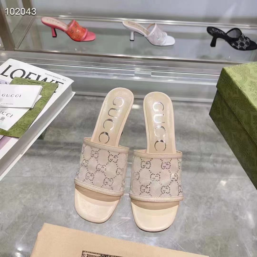 Gucci Women GG Mid Heel Slide Sandal Rose Beige GG Crystal Mesh 7.6 CM Heel