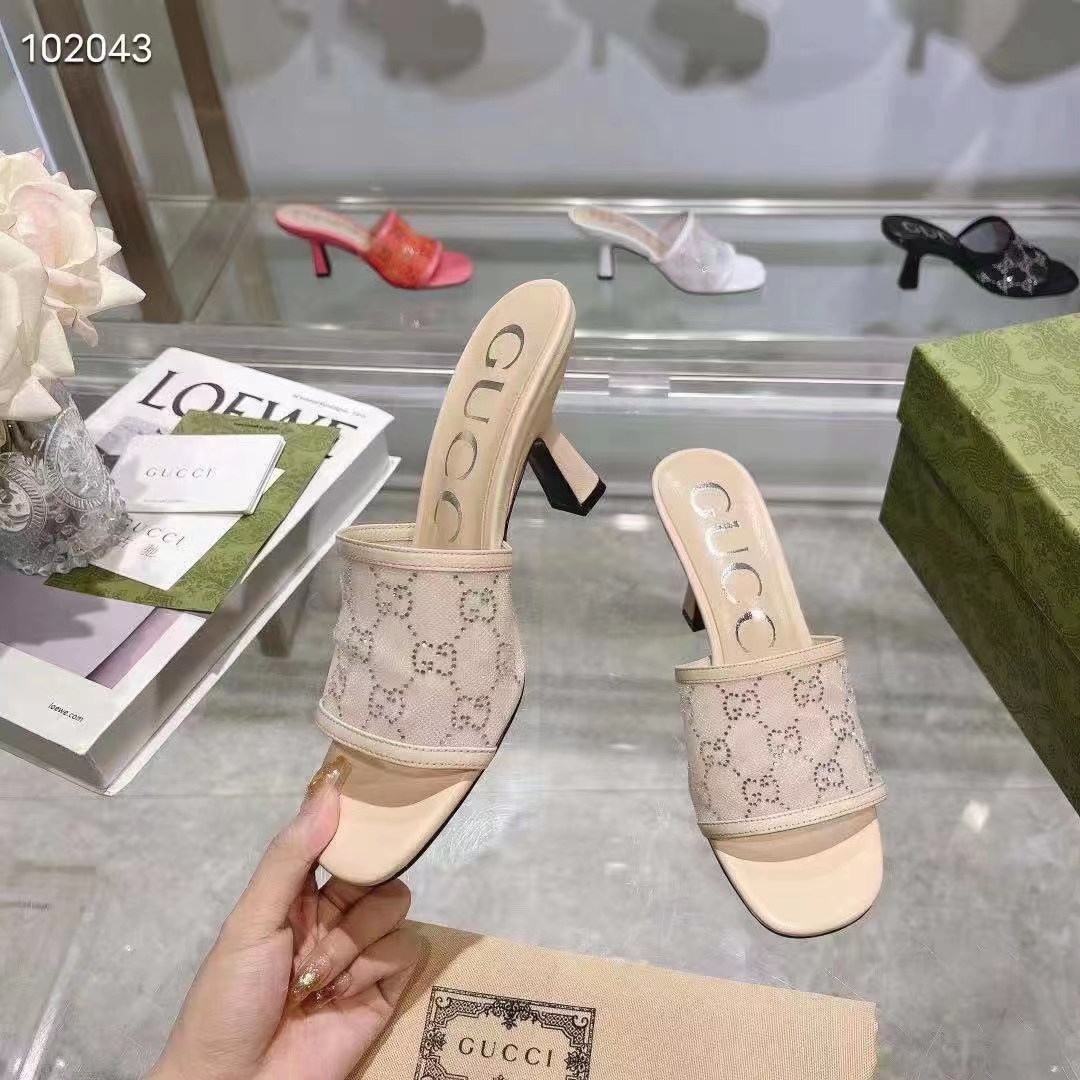 Gucci Women GG Mid Heel Slide Sandal Rose Beige GG Crystal Mesh 7.6 CM Heel