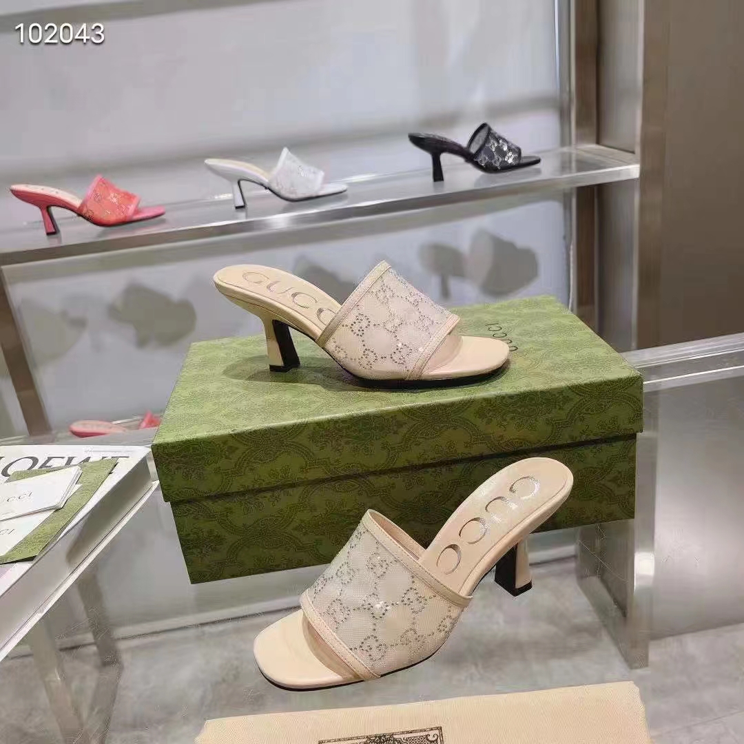 Gucci Women GG Mid Heel Slide Sandal Rose Beige GG Crystal Mesh 7.6 CM Heel