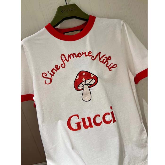 Gucci Men GG Sine Amore Nihil’ Cotton Jersey T-Shirt Off White Mushroom Embroidery