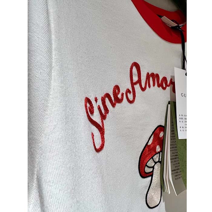 Gucci Men GG Sine Amore Nihil’ Cotton Jersey T-Shirt Off White Mushroom Embroidery