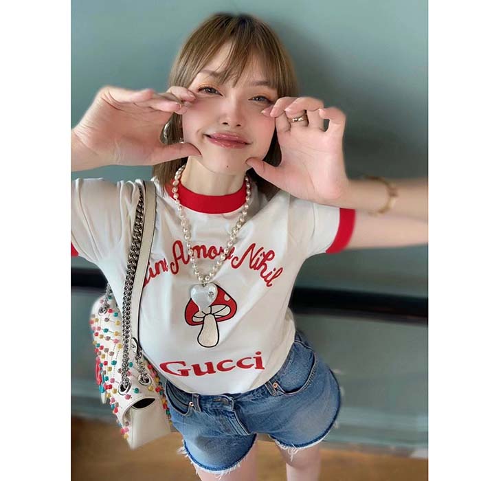 Gucci Women GG Sine Amore Nihil’ Cotton Jersey T-Shirt Off White Mushroom Embroidery