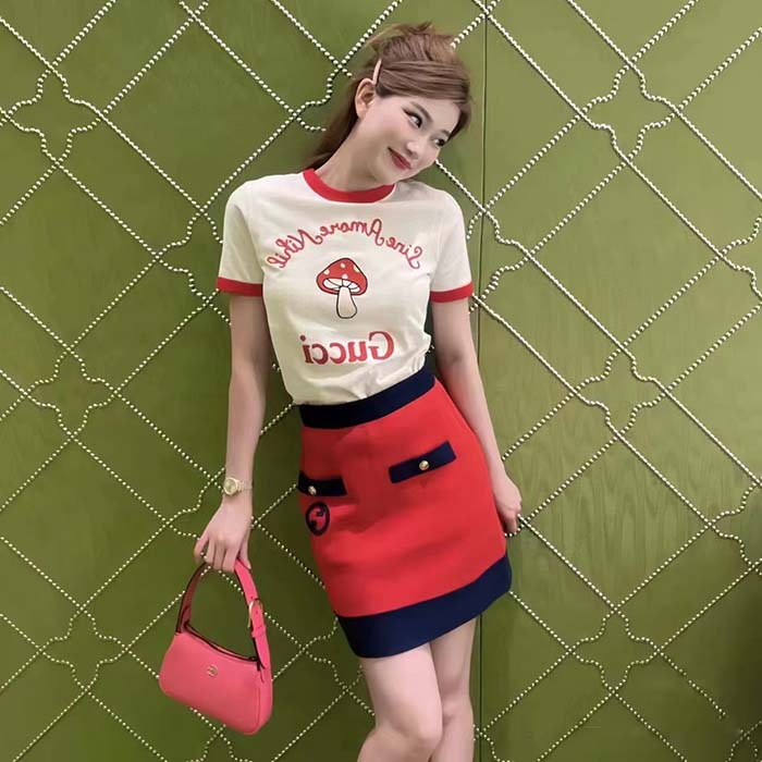 Gucci Women GG Sine Amore Nihil’ Cotton Jersey T-Shirt Off White Mushroom Embroidery