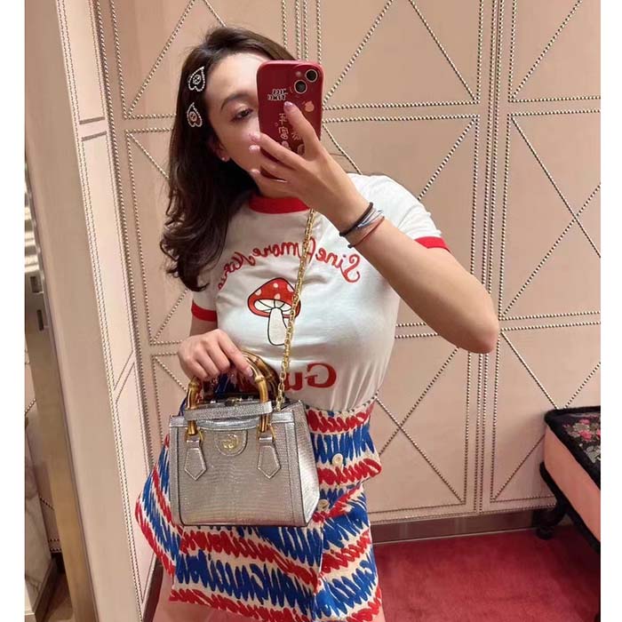 Gucci Women GG Sine Amore Nihil’ Cotton Jersey T-Shirt Off White Mushroom Embroidery