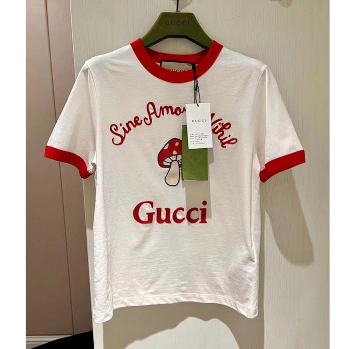 Gucci Men GG Sine Amore Nihil’ Cotton Jersey T-Shirt Off White Mushroom Embroidery