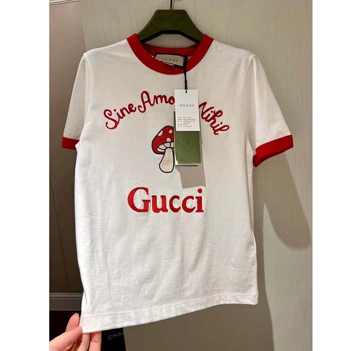 Gucci Men GG Sine Amore Nihil’ Cotton Jersey T-Shirt Off White Mushroom Embroidery