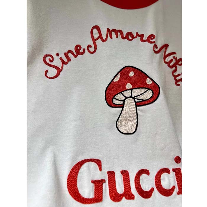 Gucci Men GG Sine Amore Nihil’ Cotton Jersey T-Shirt Off White Mushroom Embroidery