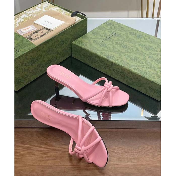 Gucci Women GG Slide Sandal Bamboo Pink Leather Bamboo Low Heel