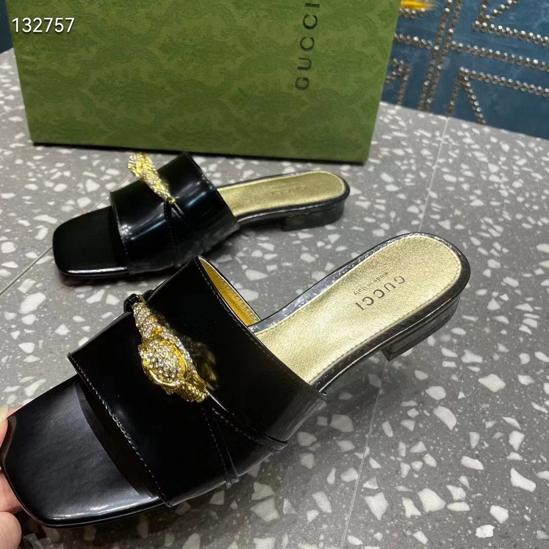 Gucci Women GG Slide Sandal Tiger Head Black Patent Leather Flat