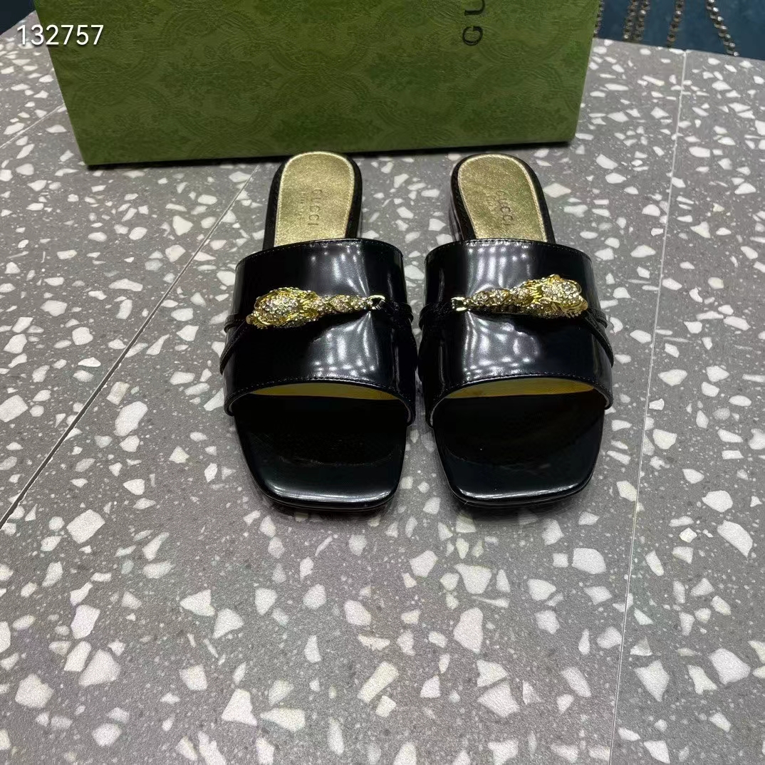 Gucci Women GG Slide Sandal Tiger Head Black Patent Leather Flat