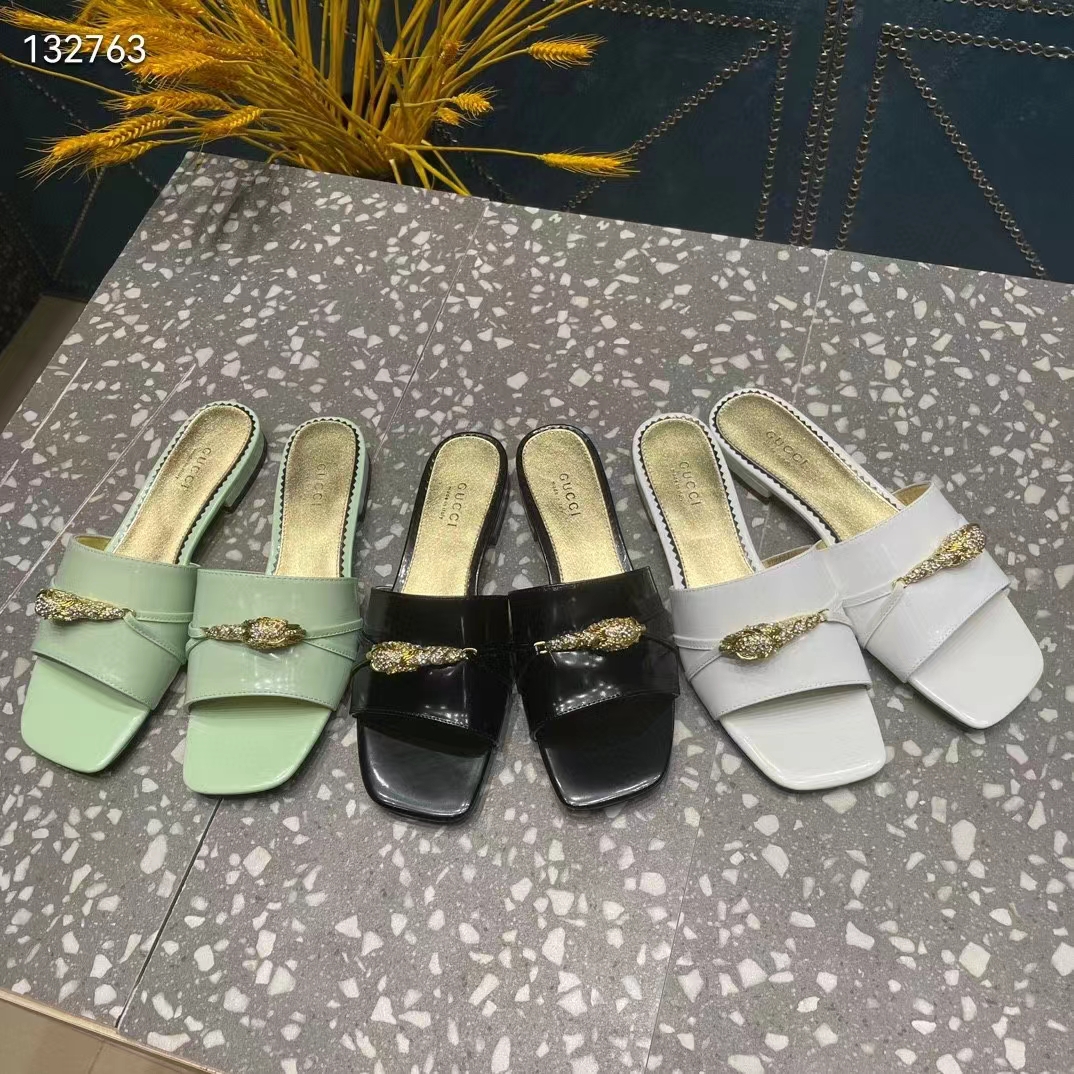 Gucci Women GG Slide Sandal Tiger Head Black Patent Leather Flat