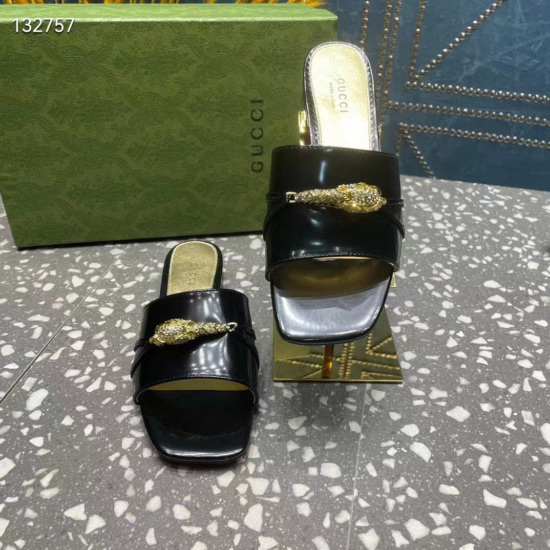 Gucci Women GG Slide Sandal Tiger Head Black Patent Leather Flat