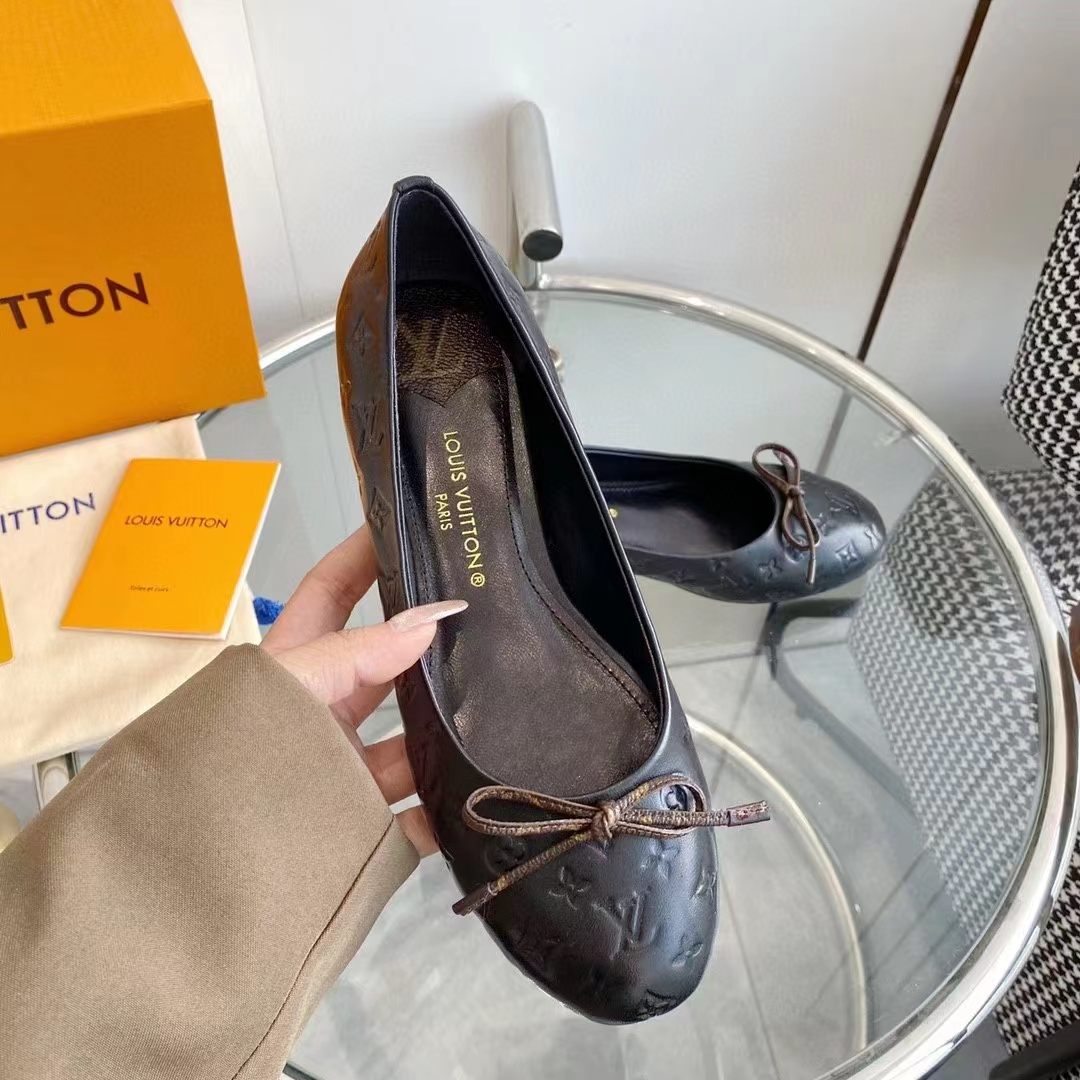 Louis Vuitton LV Women Nina Flat Ballerina Black Monogram Embossed Calf Leather Canvas Bow