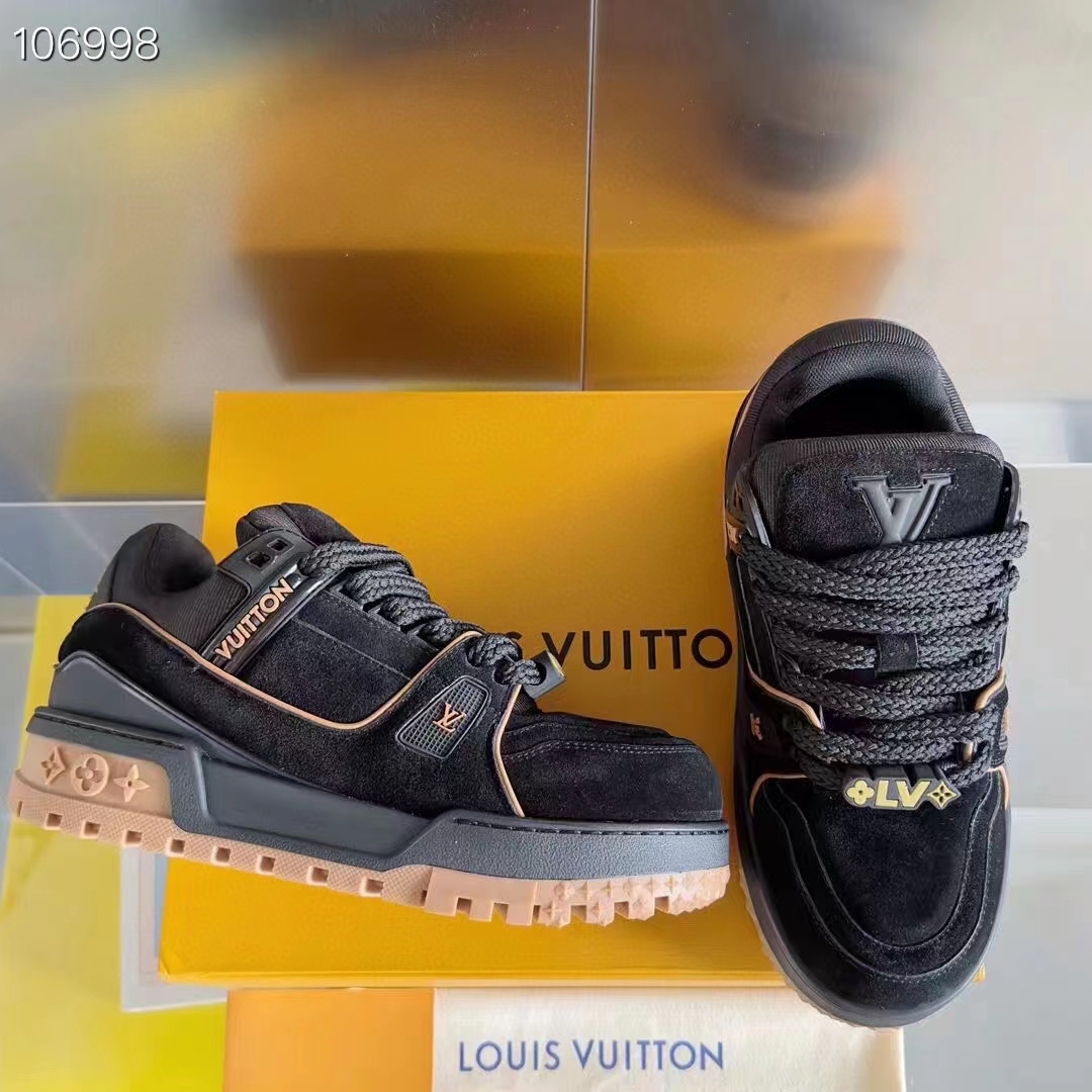 Louis Vuitton Unisex LV Trainer Maxi Black Suede Calf Leather Textile Laces Beads Rubber