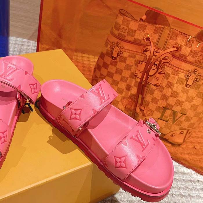 Louis Vuitton Women LV Bom Dia Flat Comfort Mule Pink Monogram-Embossed Calf