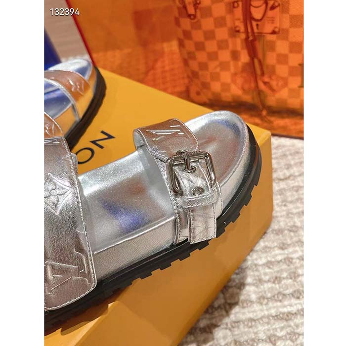 Louis Vuitton Women LV Bom Dia Flat Comfort Mule Silver Monogram-Embossed Calf