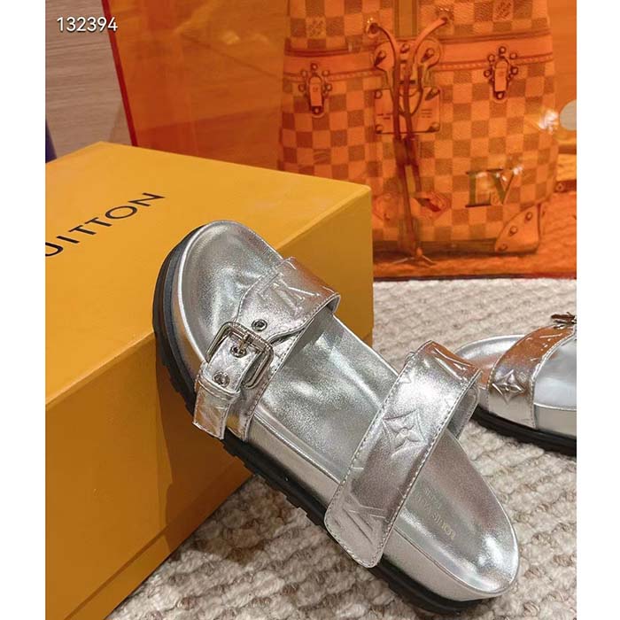 Louis Vuitton Women LV Bom Dia Flat Comfort Mule Silver Monogram-Embossed Calf