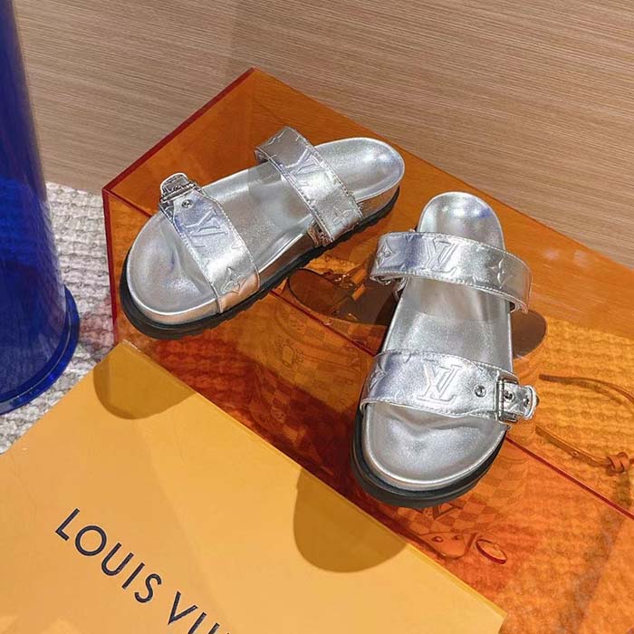 Louis Vuitton Women LV Bom Dia Flat Comfort Mule Silver Monogram-Embossed Calf