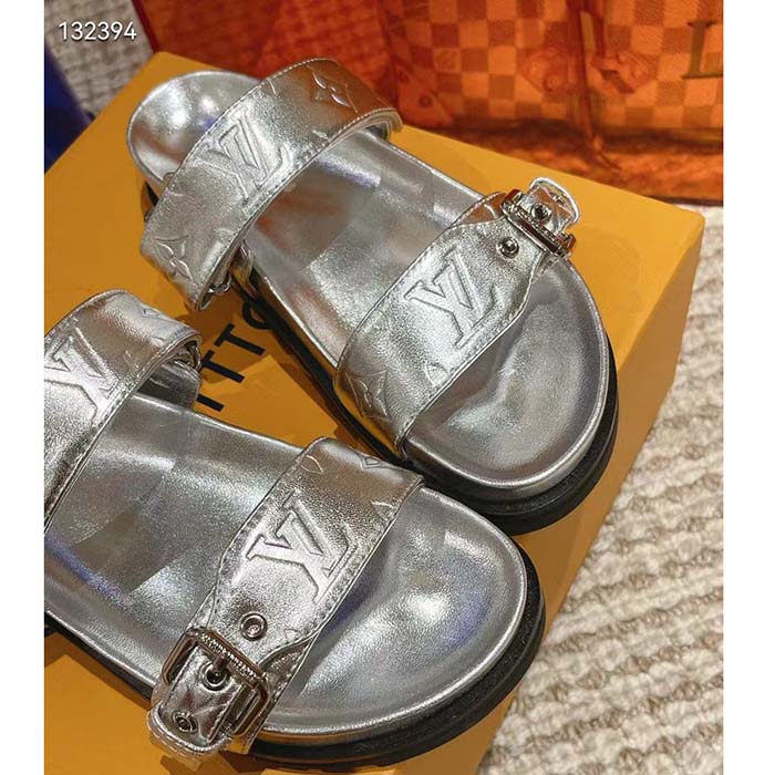 Louis Vuitton Women LV Bom Dia Flat Comfort Mule Silver Monogram-Embossed Calf
