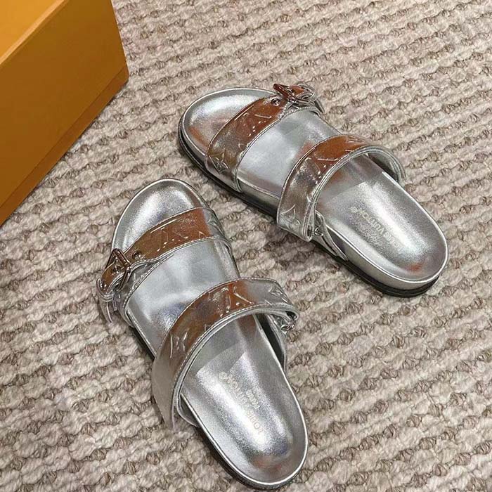 Louis Vuitton Women LV Bom Dia Flat Comfort Mule Silver Monogram-Embossed Calf