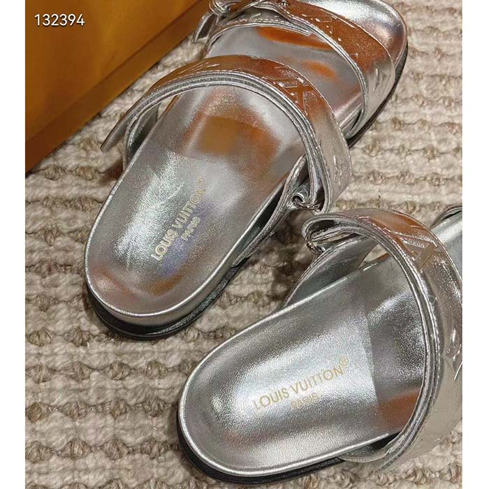 Louis Vuitton Women LV Bom Dia Flat Comfort Mule Silver Monogram-Embossed Calf