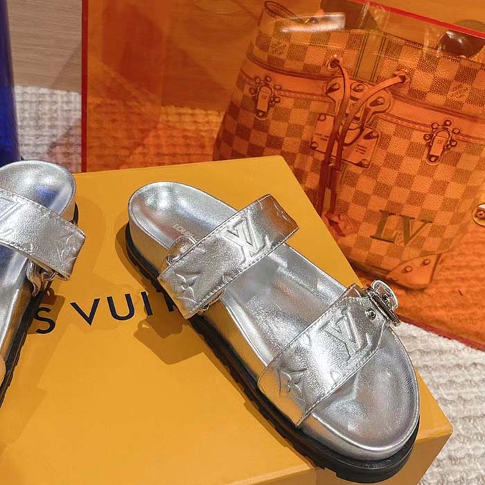 Louis Vuitton Women LV Bom Dia Flat Comfort Mule Silver Monogram-Embossed Calf