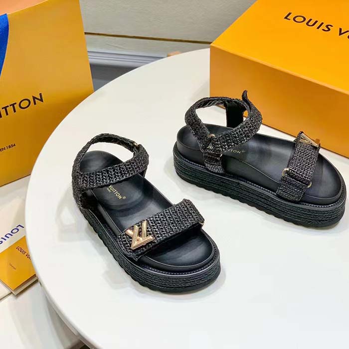 Louis Vuitton Women LV Cordoba Flat Comfort Sandal Black Raffia Rubber 4CM Heel