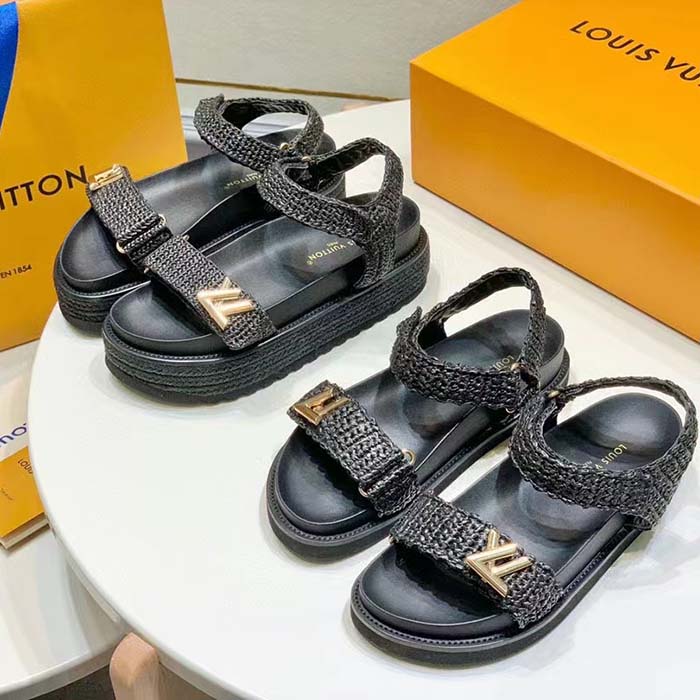 Louis Vuitton Women LV Cordoba Flat Comfort Sandal Black Raffia Rubber 4CM Heel