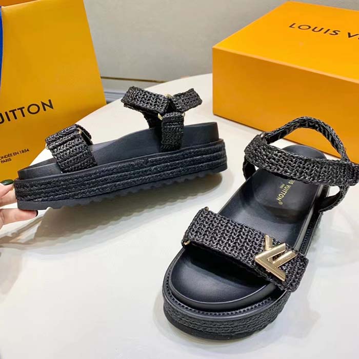 Louis Vuitton Women LV Cordoba Flat Comfort Sandal Black Raffia Rubber 4CM Heel