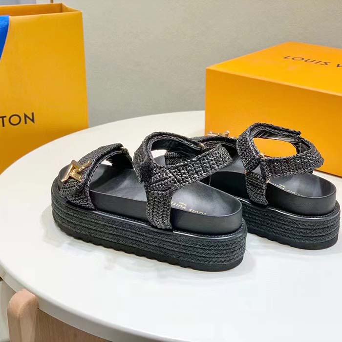 Louis Vuitton Women LV Cordoba Flat Comfort Sandal Black Raffia Rubber 4CM Heel