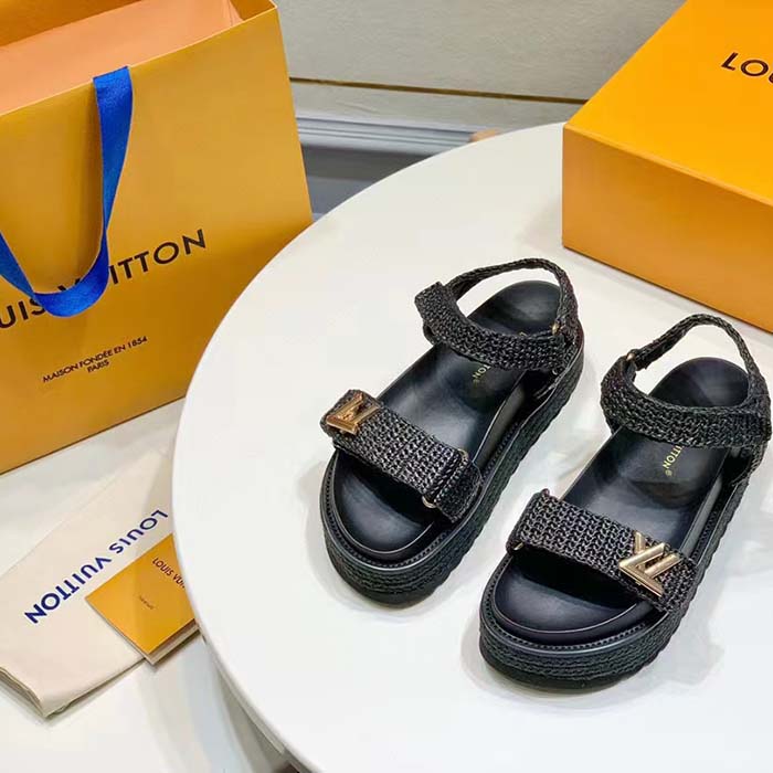 Louis Vuitton Women LV Cordoba Flat Comfort Sandal Black Raffia Rubber 4CM Heel