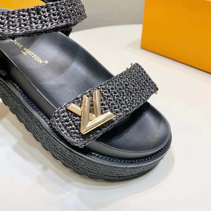 Louis Vuitton Women LV Cordoba Flat Comfort Sandal Black Raffia Rubber 4CM Heel