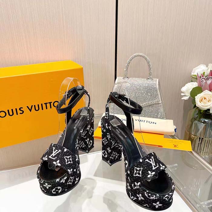 Louis Vuitton Women LV Fame Platform Sandal Black Monogram Denim Leather 11.5 CM Heel