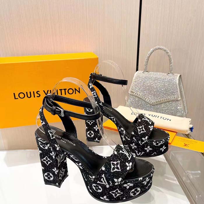 Louis Vuitton Women LV Fame Platform Sandal Black Monogram Denim Leather 11.5 CM Heel