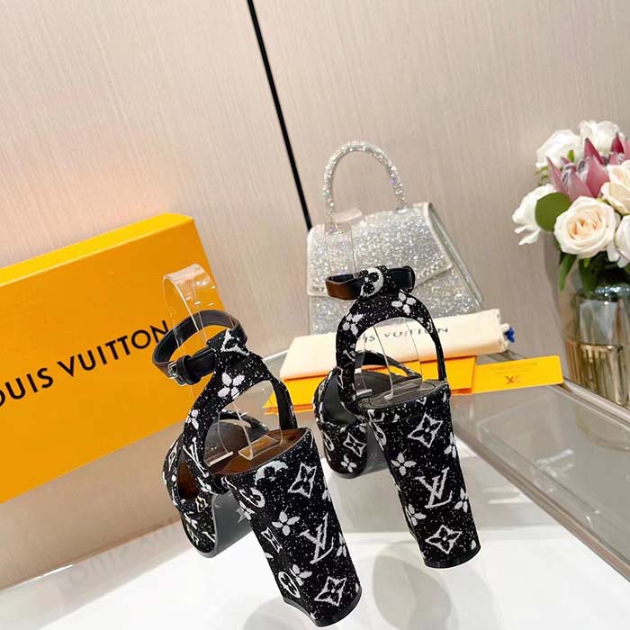 Louis Vuitton Women LV Fame Platform Sandal Black Monogram Denim Leather 11.5 CM Heel