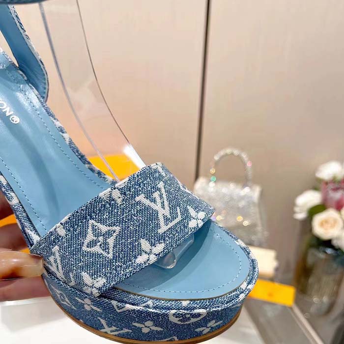 Louis Vuitton Women LV Fame Platform Sandal Blue Monogram Denim Leather 11.5 CM Heel