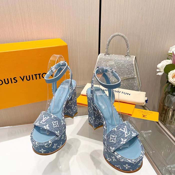 Louis Vuitton Women LV Fame Platform Sandal Blue Monogram Denim Leather 11.5 CM Heel