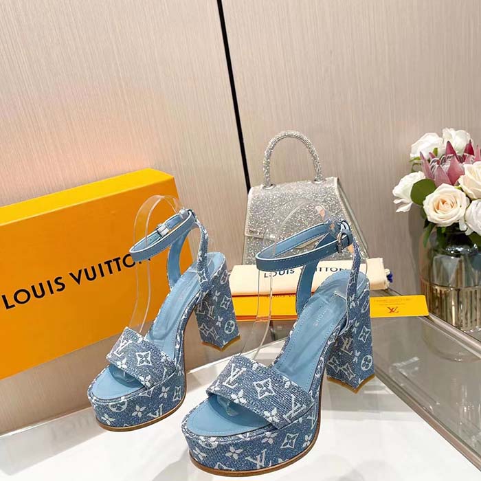 Louis Vuitton Women LV Fame Platform Sandal Blue Monogram Denim Leather 11.5 CM Heel
