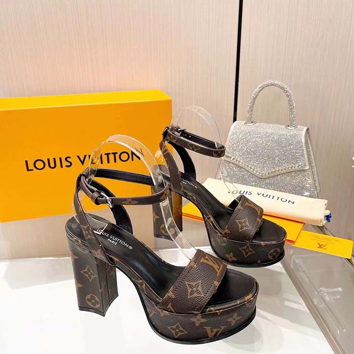 Louis Vuitton Women LV Fame Platform Sandal Brown Monogram Denim Leather 11.5 CM Heel