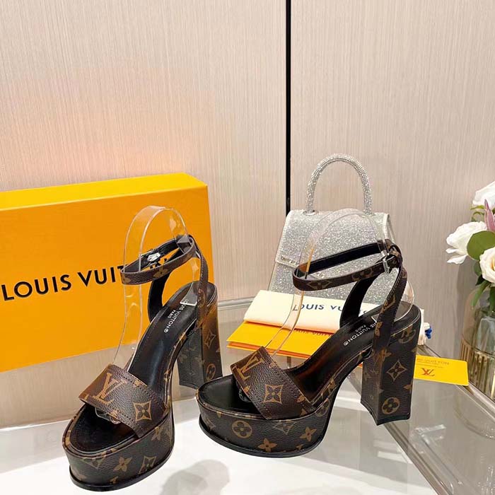 Louis Vuitton Women LV Fame Platform Sandal Brown Monogram Denim Leather 11.5 CM Heel