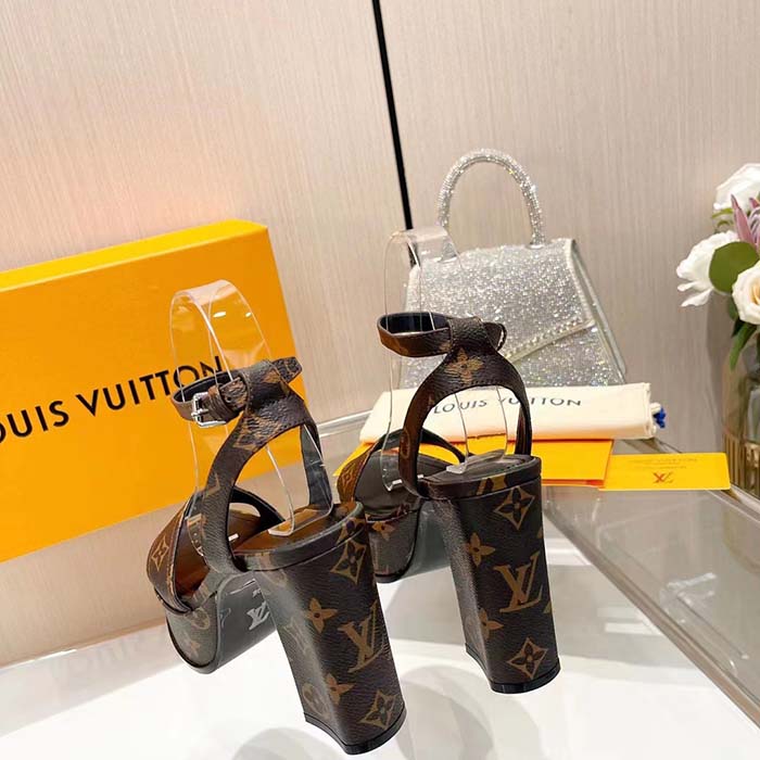 Louis Vuitton Women LV Fame Platform Sandal Brown Monogram Denim Leather 11.5 CM Heel