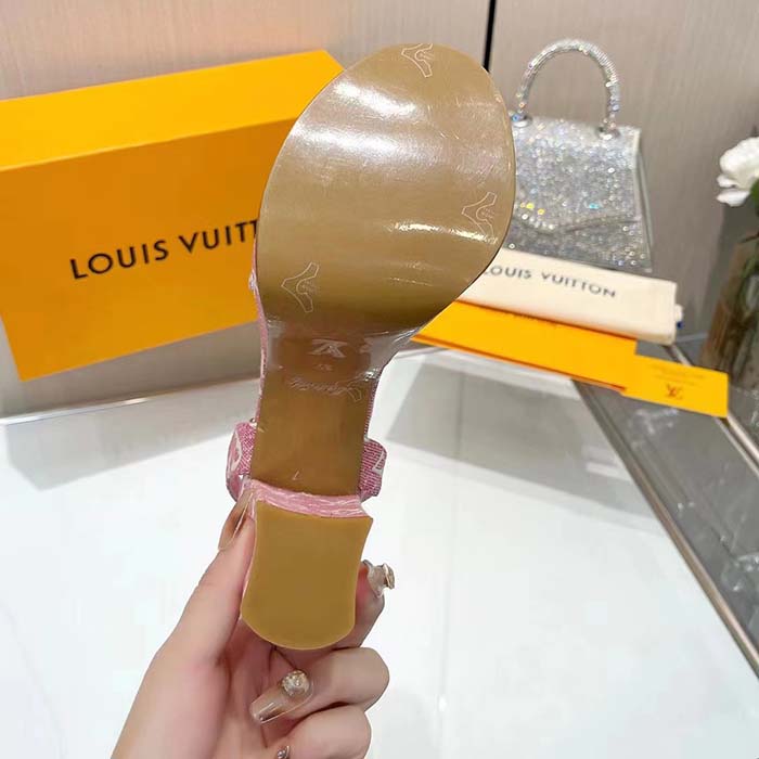 Louis Vuitton Women LV Fame Platform Sandal Pink Monogram Denim Leather 11.5 CM Heel