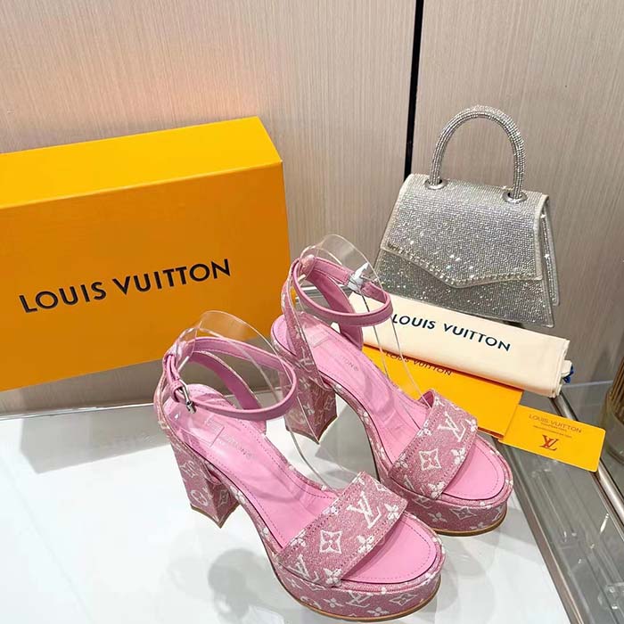 Louis Vuitton Women LV Fame Platform Sandal Pink Monogram Denim Leather 11.5 CM Heel