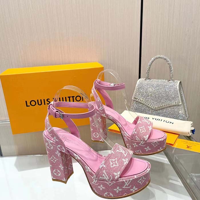 Louis Vuitton Women LV Fame Platform Sandal Pink Monogram Denim Leather 11.5 CM Heel