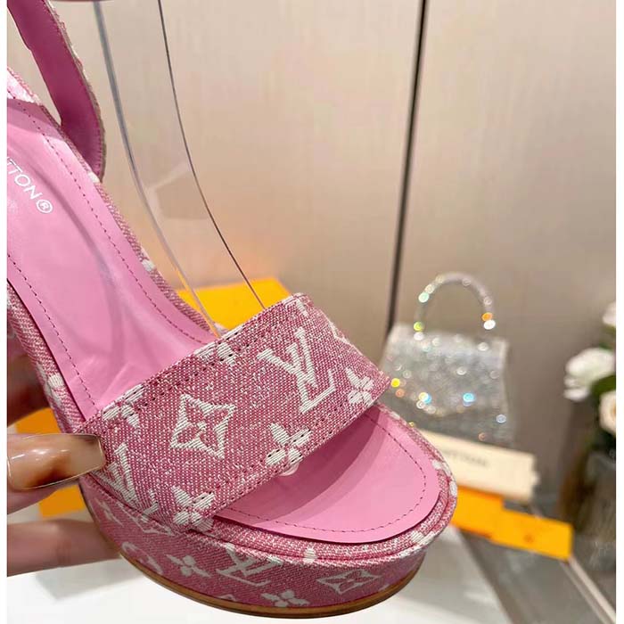Louis Vuitton Women LV Fame Platform Sandal Pink Monogram Denim Leather 11.5 CM Heel