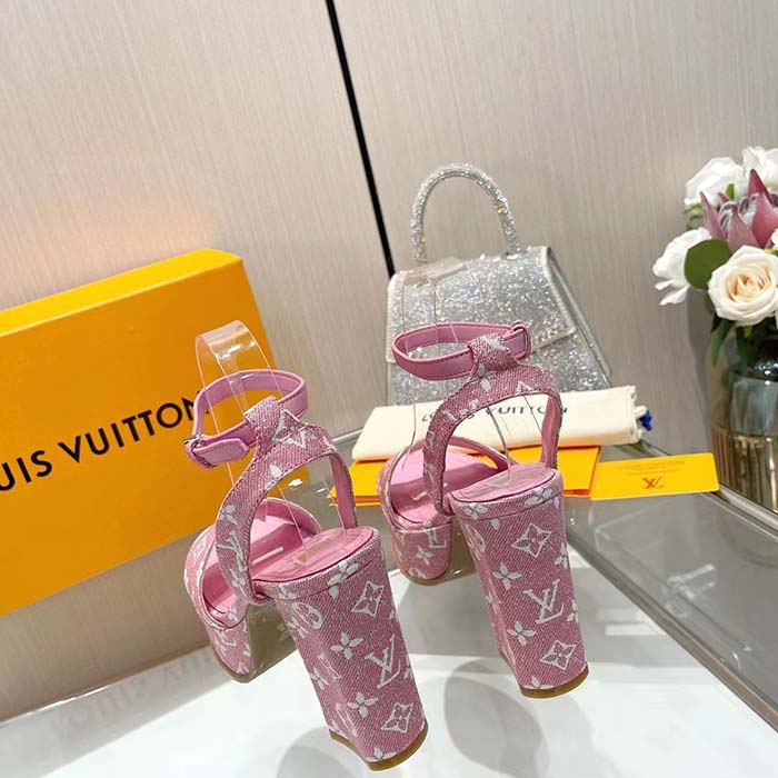 Louis Vuitton Women LV Fame Platform Sandal Pink Monogram Denim Leather 11.5 CM Heel