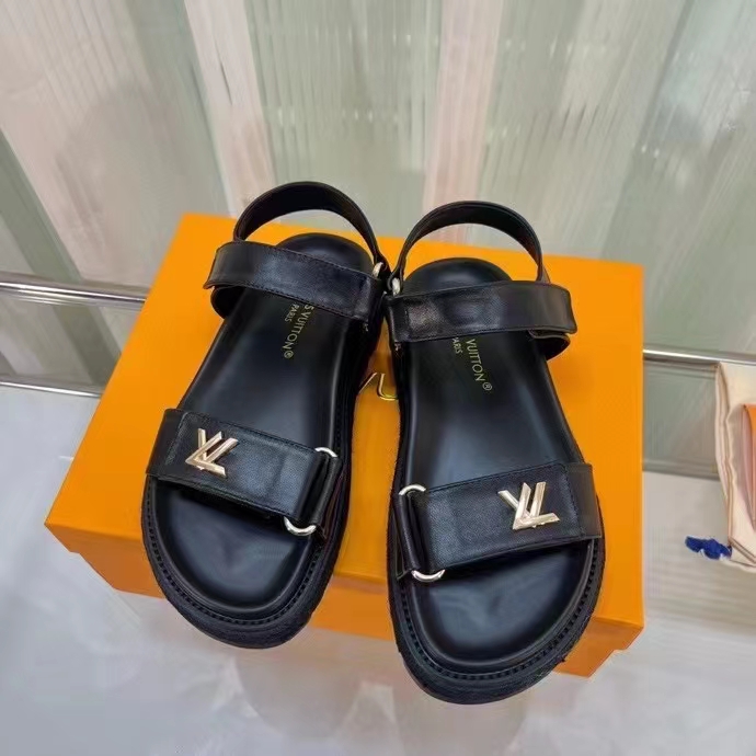 Louis Vuitton Women LV Sunset Comfort Flat Sandal Ivory Black Lamb Leather